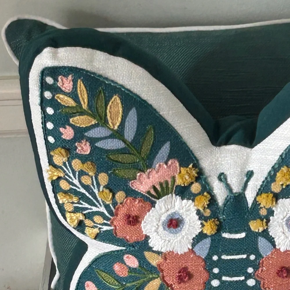 Floral Embroidered Accent Pillow Butterfly Shape 15 x 16 x 4 New With Tags Teal